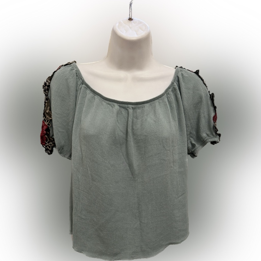 Papaya Green Crop Top with Embroidered Roses